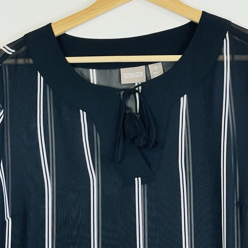 Chico's Top Womens 1 Medium 8 Black White Stripe Nautical Preppy Sheer Old Money - Picture 2 of 14